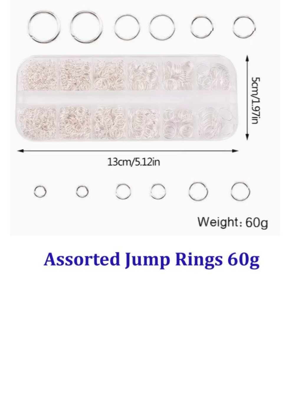 Silverery Mixed Size Jump Ring Set 4mm 5mm 6mm 7mm 8mm 10mm. 60 Grams.